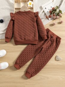 Toddler Girls Solid Ruffle Trim Sweatshirt & Joggers - Brown - View 2