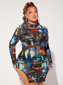 SHEIN SXY Plus Letter Graphic Mock Neck Split Thigh Sheer Mesh Bodycon Dress Without Bra - Multicolor - View 3