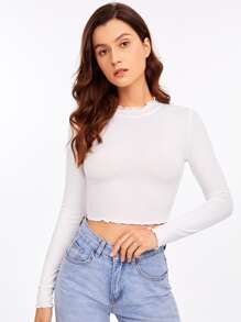 SHEIN Essnce 生菜邊纯色短款上衣 - 白色 - 查看 2