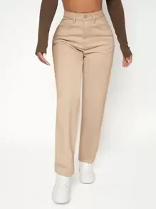 SHEIN PETITE 高腰拉鏈開襟媽媽牛仔褲 - 卡其色 - 查看 1