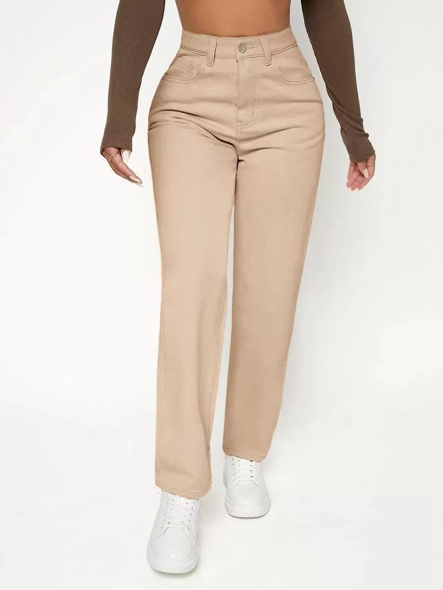 SHEIN PETITE 高腰拉鏈開襟媽媽牛仔褲 - 卡其色 - 查看 1