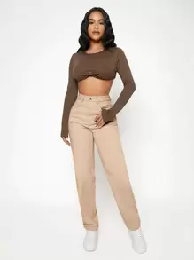 SHEIN PETITE 高腰拉鏈開襟媽媽牛仔褲 - 卡其色 - 查看 3