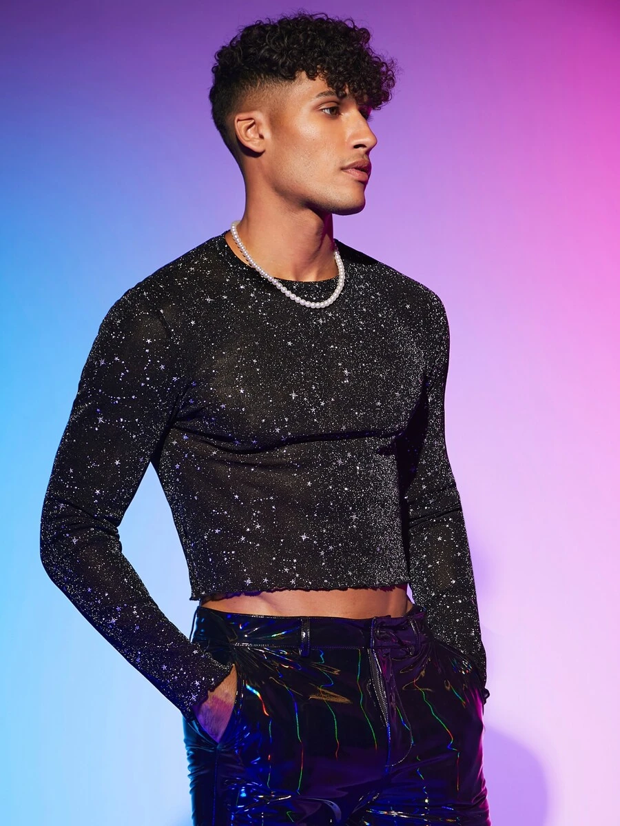 Manfinity RebelGame Men Round Neck Galaxy Mesh Top - Black - View 1