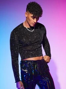 Manfinity RebelGame Men Round Neck Galaxy Mesh Top - Black - View 2