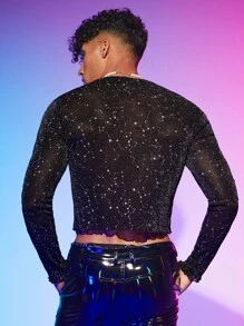 Manfinity RebelGame Men Round Neck Galaxy Mesh Top - Black - View 3