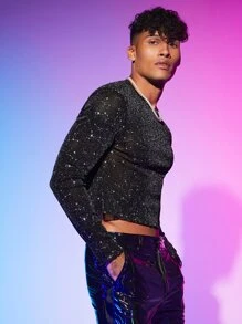 Manfinity RebelGame Men Round Neck Galaxy Mesh Top - Black - View 5