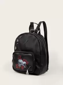 ROMWE Goth Mochila estilo punk con calavera y rosas vintage, perfecta para fiestas de Halloween, moda gótica y de Halloween - Negro - Ver 4