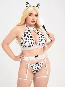 Plus 6pack Cow Print Contrast Lace Cut Out Animal Costume Set - Black and White - View 4
