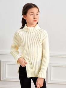 SHEIN Girls Button Detail Split Hem Jumper - Beige - View 1