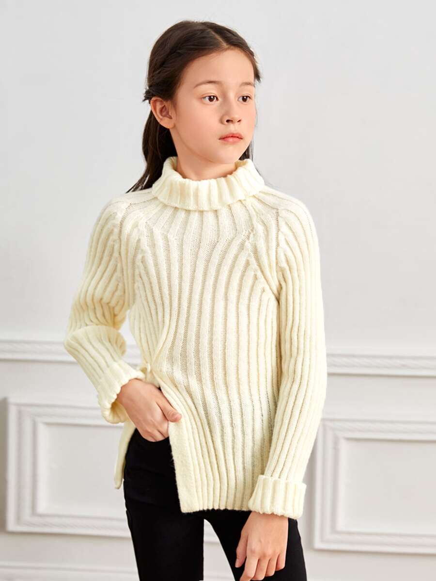 SHEIN Girls Button Detail Split Hem Jumper - Beige - View 1