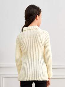 SHEIN Girls Button Detail Split Hem Jumper - Beige - View 2