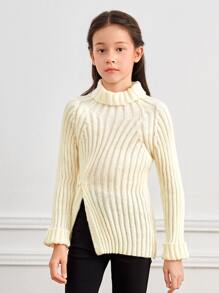 SHEIN Girls Button Detail Split Hem Jumper - Beige - View 5