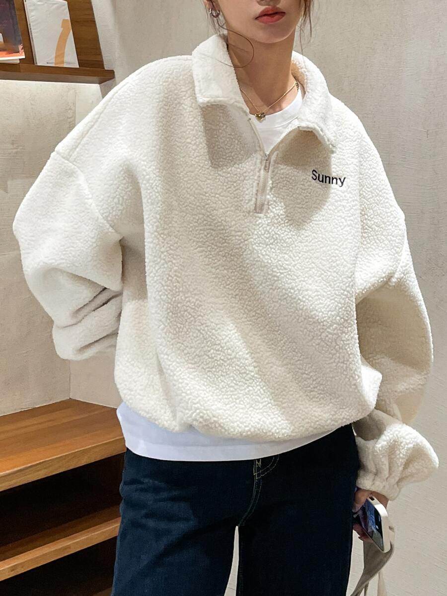 DAZY Letter Embroidery Half Zip Drop Shoulder Teddy Sweatshirt Without Tee - White - View 1