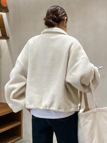 DAZY Letter Embroidery Half Zip Drop Shoulder Teddy Sweatshirt Without Tee - White - View 2