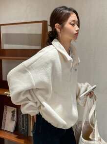 DAZY Letter Embroidery Half Zip Drop Shoulder Teddy Sweatshirt Without Tee - White - View 4