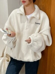 DAZY Letter Embroidery Half Zip Drop Shoulder Teddy Sweatshirt Without Tee - White - View 6