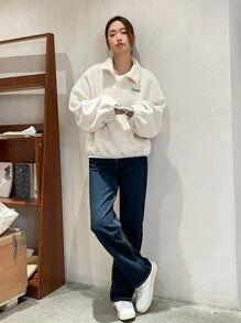 DAZY Letter Embroidery Half Zip Drop Shoulder Teddy Sweatshirt Without Tee - White - View 3