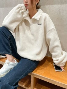 DAZY Letter Embroidery Half Zip Drop Shoulder Teddy Sweatshirt Without Tee - White - View 8