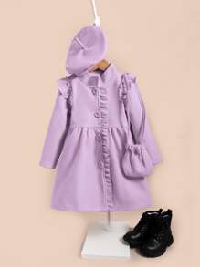 Toddler Girls Ruffle Trim Tweed Overcoat & Bag & Hat - Purple - View 1