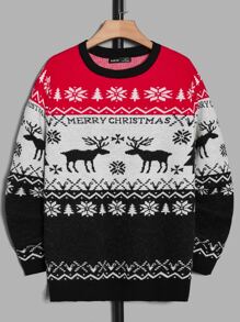 GENTILAND Hombres Jersey de color combinado alce de Navidad & con patrón de letra - Multicolor - Ver 1