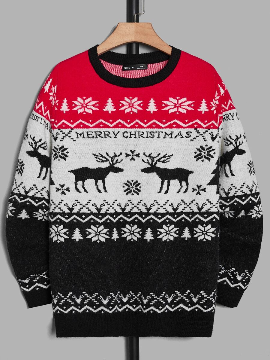 GENTILAND Hombres Jersey de color combinado alce de Navidad & con patrón de letra - Multicolor - Ver 1