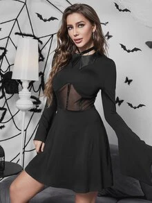 Mesh Insert Trumpet Sleeve Gothic Witch Dress - Black - View 4