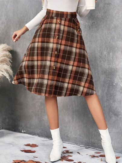 Plaid Print Slant Pockets Skirt