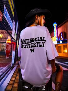 SHEIN Unity Butterfly & Letter Graphic Drop Shoulder Oversized Tee Graphic Tees Women Tops, Unisex - Lilac Purple - View 4