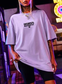 SHEIN Unity Butterfly & Letter Graphic Drop Shoulder Oversized Tee Graphic Tees Women Tops, Unisex - Lilac Purple - View 5