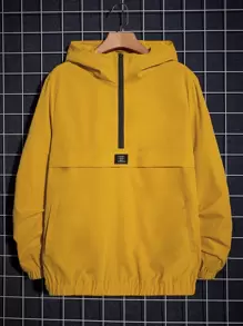 Manfinity RebelGame 男款寬鬆半拉鍊帽衫,字母拼貼和袋鼠口袋設計 - 芥末黃 - 查看 1