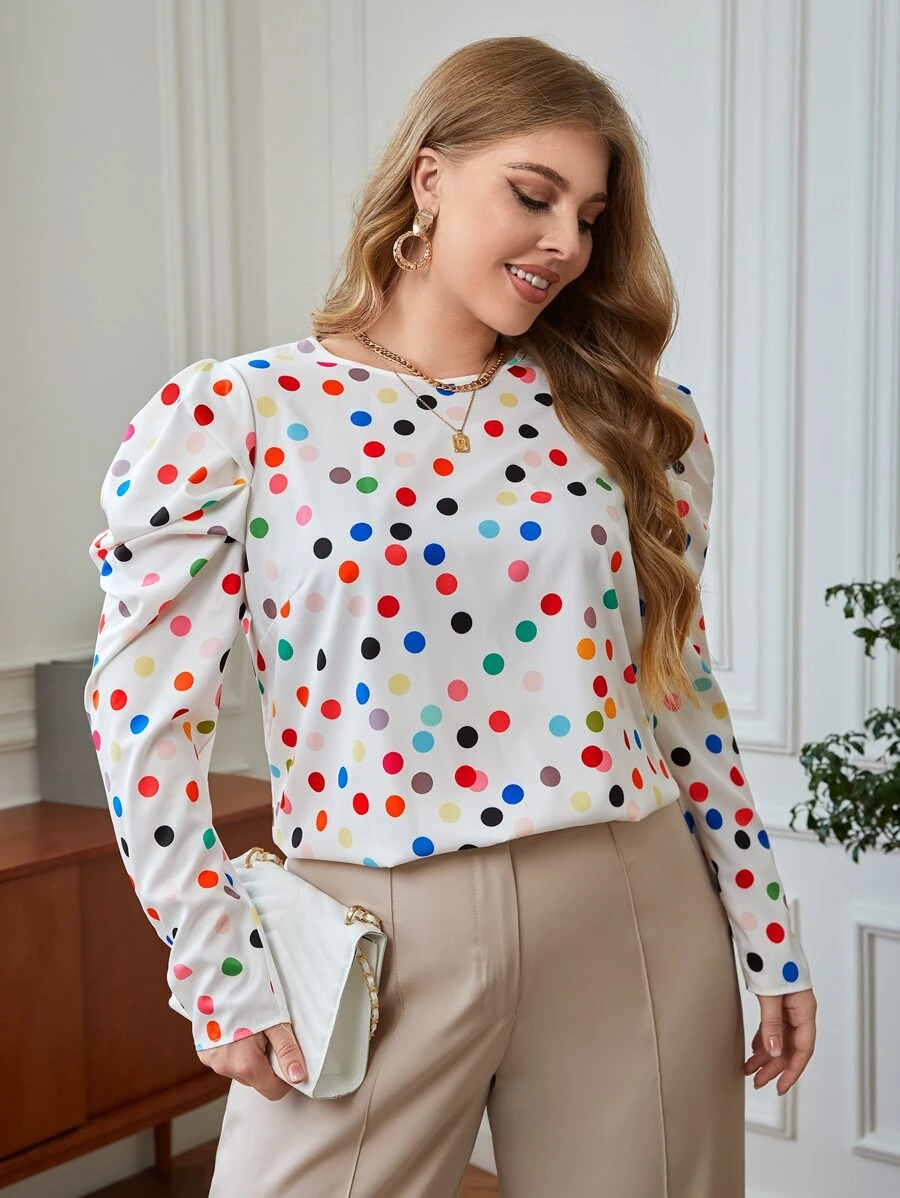 SHEIN Clasi 大碼波卡圓點羊腿袖襯衫 - 彩色 - 查看 1