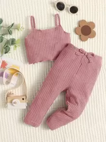 SHEIN 嬰兒華夫格編織木耳邊吊帶上衣和前蝴蝶結長褲 - 藕粉色 - 查看 1