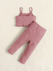 SHEIN 嬰兒華夫格編織木耳邊吊帶上衣和前蝴蝶結長褲 - 藕粉色 - 查看 2