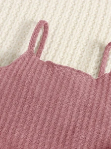 SHEIN 嬰兒華夫格編織木耳邊吊帶上衣和前蝴蝶結長褲 - 藕粉色 - 查看 3