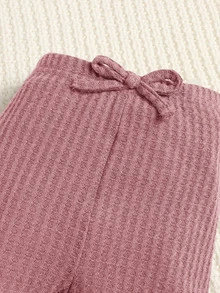 SHEIN 嬰兒華夫格編織木耳邊吊帶上衣和前蝴蝶結長褲 - 藕粉色 - 查看 4