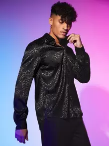 Manfinity RebelGame Men Leopard Jacquard Shirt - Black - View 6