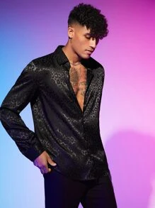 Manfinity RebelGame Men Leopard Jacquard Shirt - Black - View 3