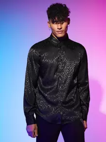 Manfinity RebelGame Men Leopard Jacquard Shirt - Black - View 8