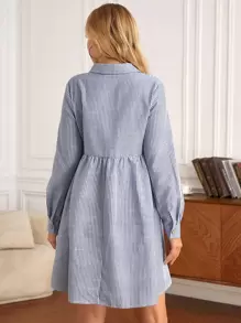 SHEIN Maternity Vertical Striped Half Button Dress - Blue and White - View 2