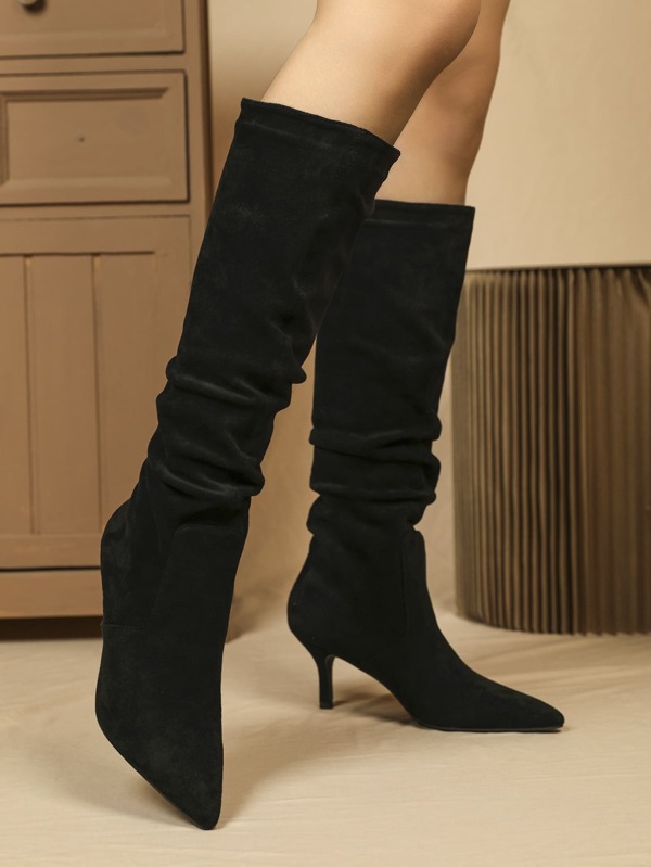 Women's Pointed Toe Pleated High Heel Suede And Leather Over-The-Knee Pull-On Black Boots, Fashionable Hot-Selling Item For Autumn/Winter