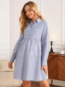 SHEIN Maternity Vertical Striped Half Button Dress - Blue and White - View 5