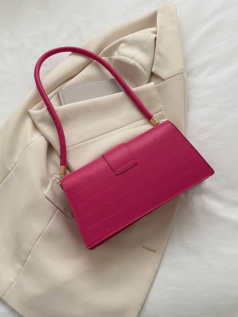 Neon Pink Crocodile Embossed Metal Decor Square Bag