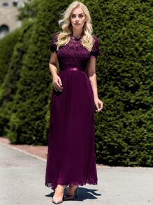 MIUSOL Puff Sleeve Maxi Chiffon Lace Formal Dress - Maroon - View 1