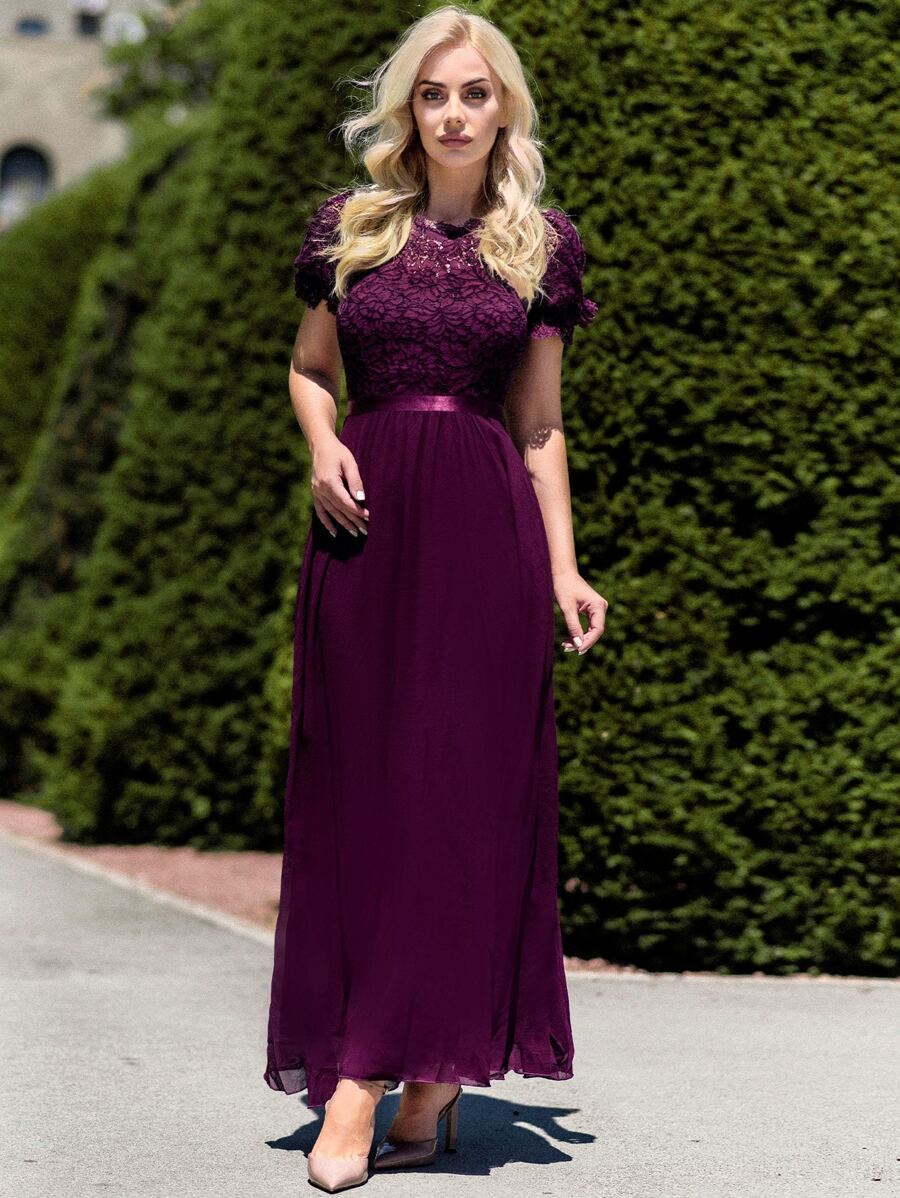 MIUSOL Puff Sleeve Maxi Chiffon Lace Formal Dress - Maroon - View 1