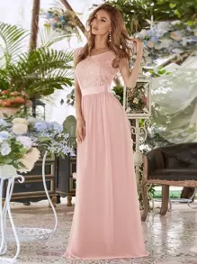 EVERPRETTY Contrast Lace High Waist Flare Hem Bridesmaid Dress