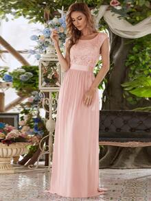 EVERPRETTY Contrast Lace High Waist Flare Hem Bridesmaid Dress