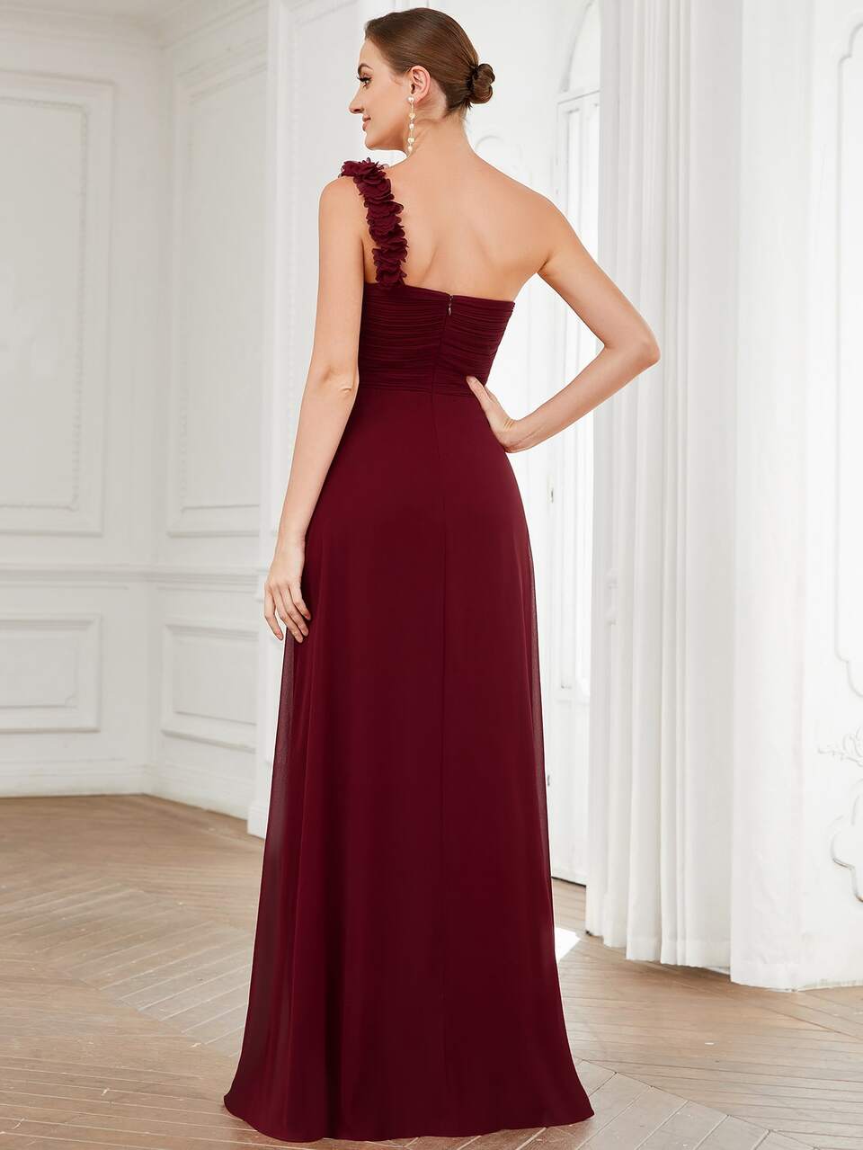 EVERPRETTY One Shoulder Sweetheart Neck Ruched Bodice Bridesmaid Dress Elegant Dress