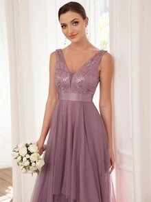 EVERPRETTY Double V Neck Sequin Bodice High Low Mesh Bridesmaid Dress - Dusty Pink - View 5