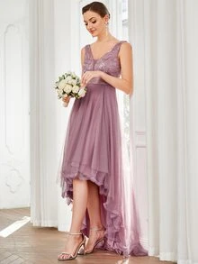 EVERPRETTY Double V Neck Sequin Bodice High Low Mesh Bridesmaid Dress - Dusty Pink - View 6