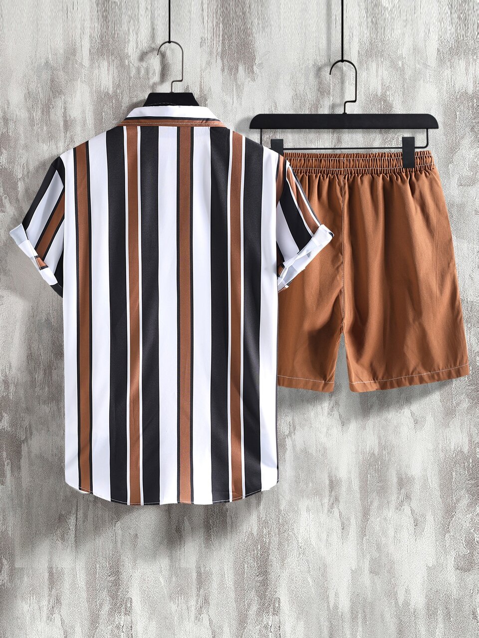 Men Striped Shirt & Drawstring Waist Shorts Without Tee, Cozy Outfits